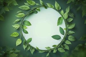 Empty white summer and spring nature background with fresh green leaves and circle frame, generate ai photo