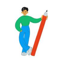 Young man holding a big pencil vector