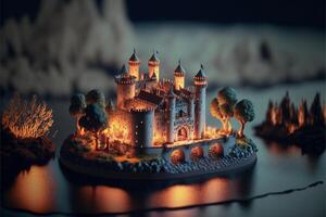 miniature castle sitting on top of a lake. . photo