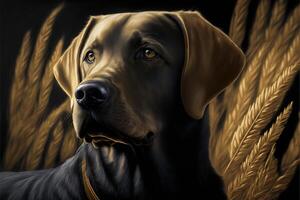 painting of a dog in a field of wheat. . photo
