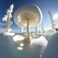mushroom sitting on top of a snow covered field. . photo