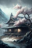 painting of a japanese house in the mountains. . photo