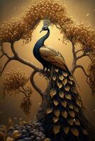 painting of a peacock sitting on top of a tree. . photo