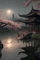 painting of a pagoda next to a body of water. . photo