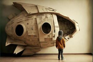 person standing in front of a cardboard fish. . photo