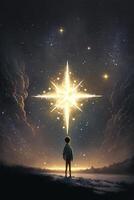 person standing on a hill looking at a star. . photo