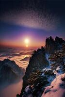 person standing on top of a snow covered mountain. . photo