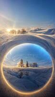 circle in the middle of a snow covered field. . photo
