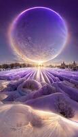 púrpura circulo en el medio de un nieve cubierto campo. generativo ai. foto
