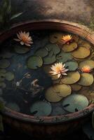 pot that has some water lilies in it. . photo