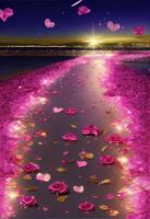 road covered in lots of pink flowers next to a body of water. . photo