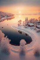 large body of water surrounded by snow covered trees. . photo