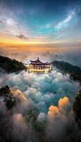 large building sitting on top of a lush green hillside. . photo