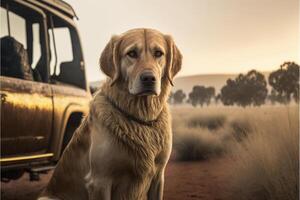 large brown dog sitting in front of a truck. . photo