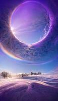 large circular object in the middle of a snow covered field. . photo