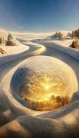 large hole in the middle of a snow covered field. . photo