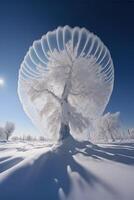 large white tree sitting in the middle of a snow covered field. . photo