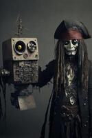 man in a pirate costume standing next to a robot. . photo