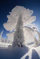 man riding skis down a snow covered slope. . photo