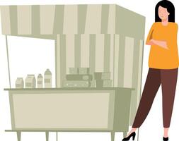 The girl is standing by the grocery stall. vector