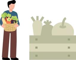 The boy is holding a basket of vegetables. vector