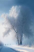 group of people walking down a snow covered road. . photo