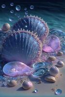 group of seashells sitting on top of a sandy beach. . photo