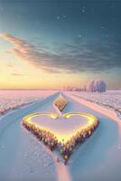 heart shaped sign in the middle of a snow covered field. . photo