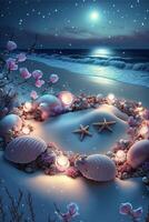 heart made out of seashells on a beach at night. . photo