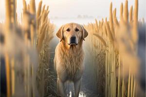 dog standing in a field of tall grass. . photo