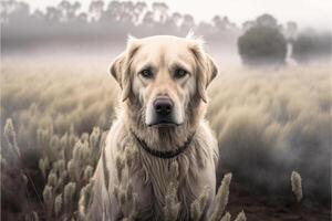 dog standing in a field of tall grass. . photo