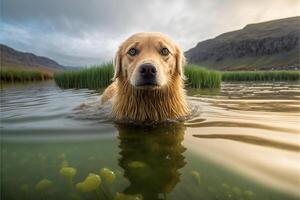 dog that is swimming in some water. . photo