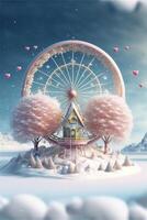 ferris wheel sitting on top of a snow covered field. . photo