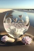 glass bowl sitting on top of a sandy beach. . photo