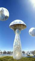 group of mushrooms sitting on top of a lush green field. . photo