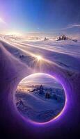 group of people riding skis down a snow covered slope. . photo