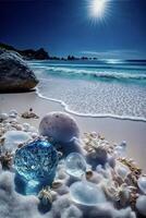 blue diamond sitting on top of a sandy beach. generative ai. photo