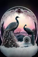 couple of peacocks sitting on top of a snow globe. . photo