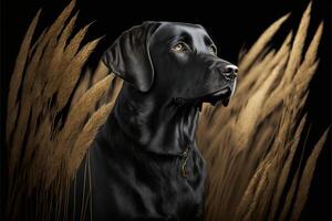 black dog sitting in a field of tall grass. . photo