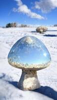 close up of a mushroom in the snow. . photo