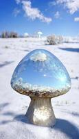 close up of a mushroom in the snow. . photo