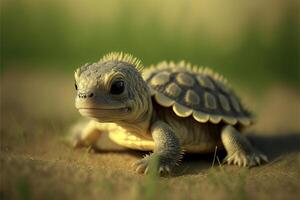 close up of a small turtle on the ground. . photo