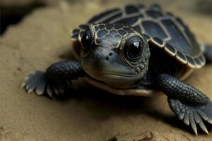 cerca arriba de un pequeño Tortuga en un roca. generativo ai. foto