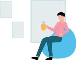 The boy is sitting on the couch with a cup of tea. vector