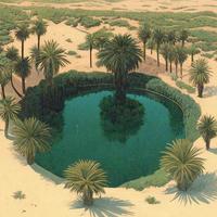 painting of a pond surrounded by palm trees photo