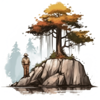 Watercolor painting of old man and big tree png