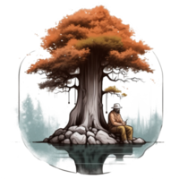 Watercolor painting of old man and tree png