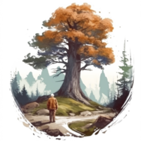 Watercolor painting of old man and big tree png