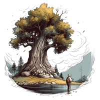 Watercolor painting of old man and big tree png