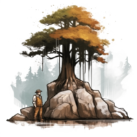 Watercolor painting of old man and big tree png